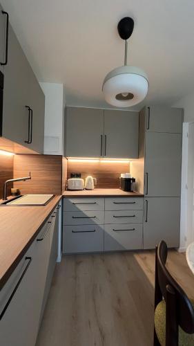 une cuisine avec des armoires blanches et un grand éclairage dans l'établissement Luxury and comfortable apartment, à Puteaux