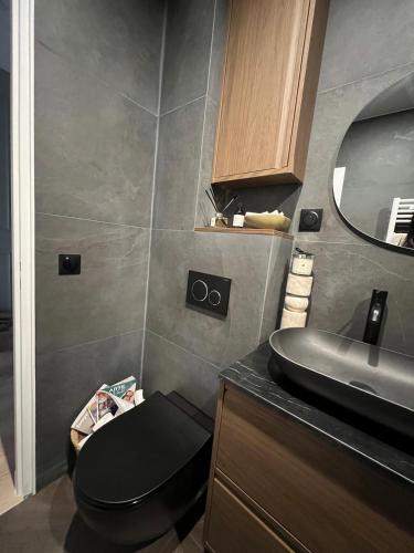 une petite salle de bain avec toilettes et lavabo dans l'établissement Luxury and comfortable apartment, à Puteaux