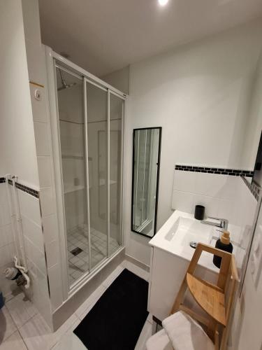 une salle de bain blanche avec une douche et un lavabo dans l'établissement Joli appartement au coeur de Mâcon, à Mâcon
