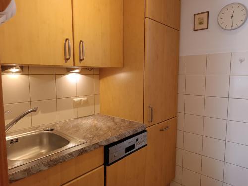 费斯恩4-Raum FeWo Silberdistel - Hallenbad & Sauna的带水槽和台面的厨房