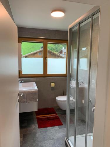 ジリアンにあるFerienwohnung Thurntalerのトイレとガラスのシャワー付きのバスルーム