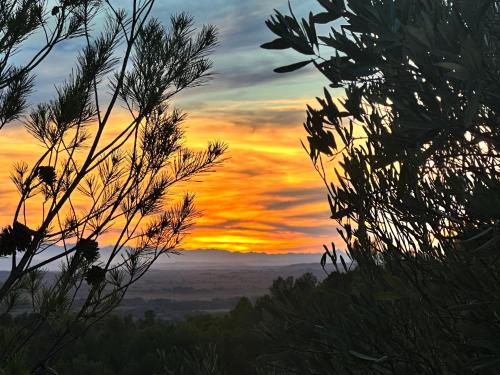 a view of a sunset from the forest at Village villa, private pool, canal du midi in Argens Minervois