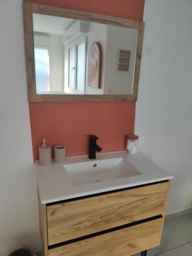 une salle de bain avec un lavabo et un miroir dans l'établissement Bulles d'argile, à Violaines