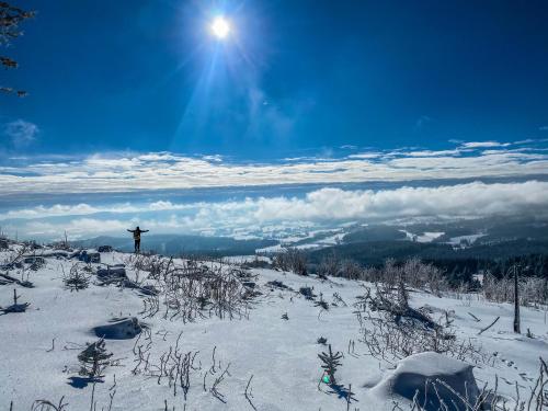 a person standing on top of a snow covered mountain at Horský domek se zahradou na Javorné u Železné Rudy in Čachrov