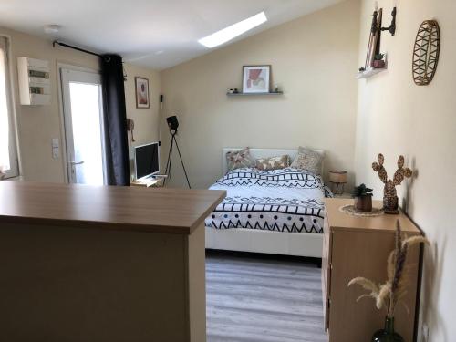 une chambre avec un lit et un bureau dans l'établissement Charmant studio proche centre ville d’Orléans, à Orléans