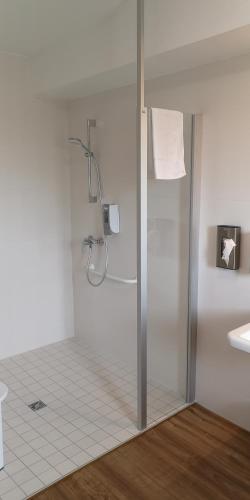 une salle de bain avec une douche avec une porte vitrée dans l'établissement Le Domaine du Golf Country Club de Bigorre, à Pouzac