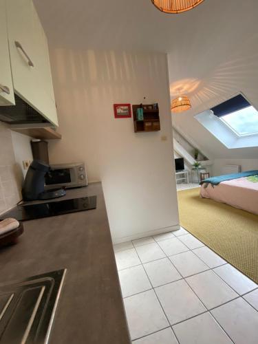 une cuisine avec un comptoir et une chambre avec un lit dans l'établissement Le Petit Vierzonnais, à Vierzon