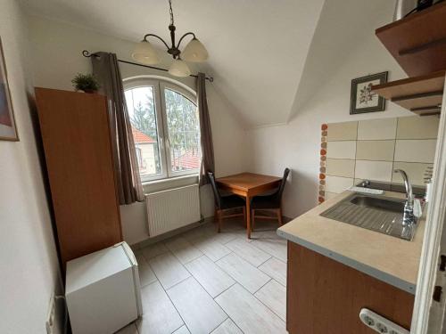a small kitchen with a sink and a table at Tölgyfa Panzió in Miskolctapolca