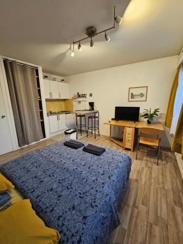 a bedroom with a blue bed and a kitchen at Appart 28m2 Metz Canal équipé meublé Wifi in Montigny-lès-Metz