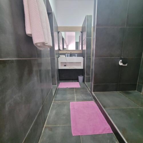 a bathroom with pink mats on the floor and a shower at Studio à louer dans une maison d hôtes in Saly Portudal
