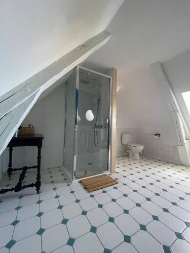 a bathroom with a glass shower and a toilet at Villa Petit Pierre in Saint-Aubin-sur-Mer