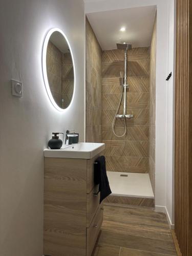 une salle de bain avec un lavabo et une douche dans l'établissement Le Lodge, à Épernay