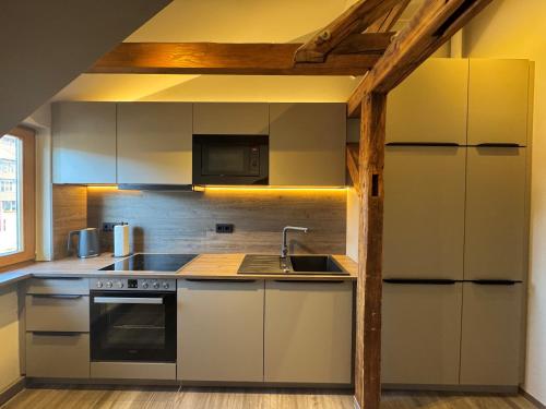 a kitchen with a sink and a stove at Stilapartment City 3 in Wernigerode