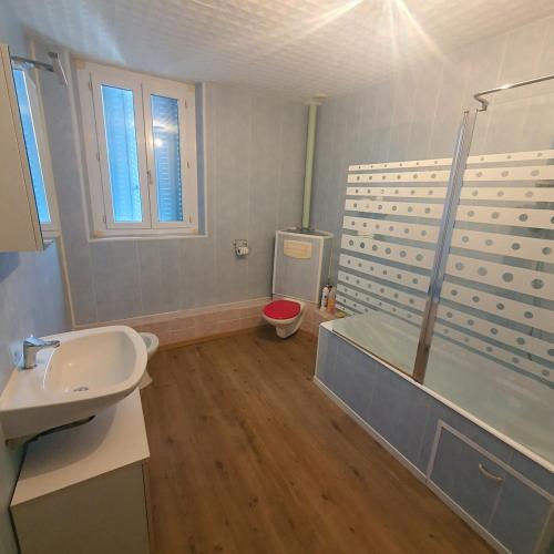 un bagno con lavandino, doccia e WC di Maison a Ambrault