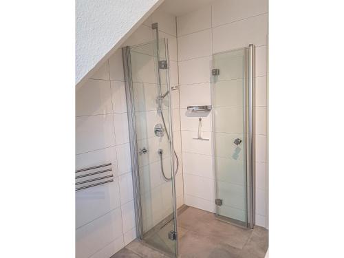 ツィングストにあるKormoran Wohnung 13のガラスドア付きのシャワー付きのバスルーム
