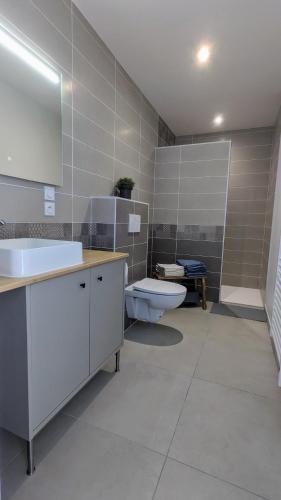 une salle de bain avec un lavabo, des toilettes et une baignoire dans l'établissement #01 - Le 60 - Gîtes modernes et confortables, à Villieu