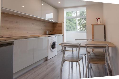 une cuisine avec une table et des chaises ainsi qu'un lave-linge dans l'établissement Appartement à la gare calme & reposant, à Chambéry