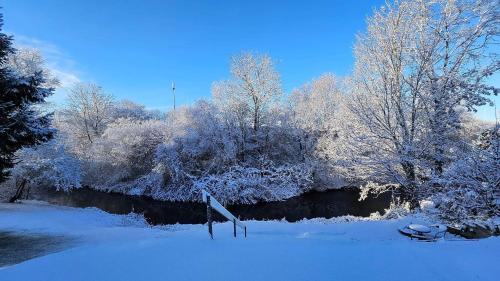 a snow covered field with trees and a river at Bente's Guesthouse in Holstebro