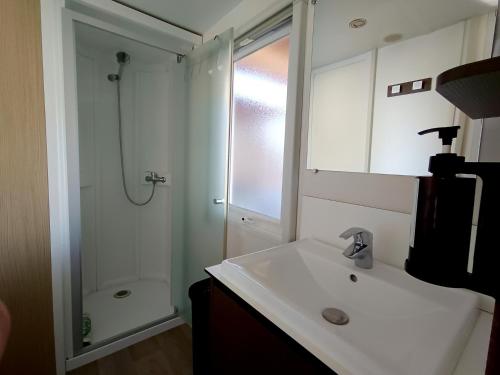 ein Badezimmer mit einem weißen Waschbecken und einer Dusche in der Unterkunft Casa Mobil-Home in La Puebla de los Infantes