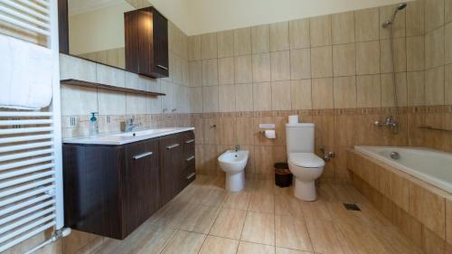 a bathroom with a sink and a toilet and a bath tub at Villa Katerina BBQ & pool! in Metaxáta