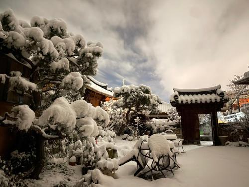 a garden covered in snow with a tree and chairs at Hanok Hyeyum in Jeonju