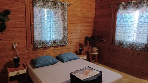 une chambre avec un lit et deux fenêtres dans l'établissement Chalet Lot, à Mauroux