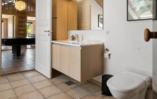 a bathroom with a toilet and a sink and a piano at Awesome Home In Rødby With Sauna in Rødby