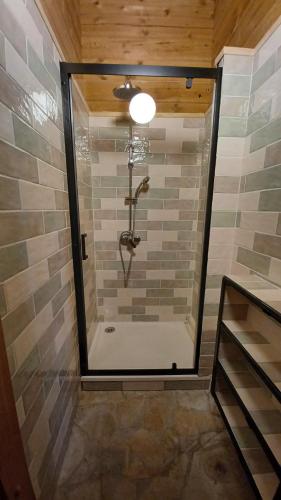 une salle de bain avec une douche avec une porte vitrée dans l'établissement Chalet Lot, à Mauroux