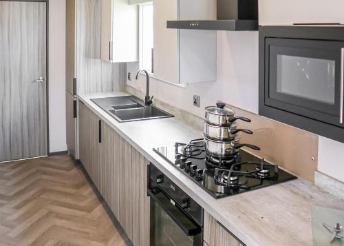 a kitchen with a stove and a sink at Golden Palm Resort in Chapel Saint Leonards