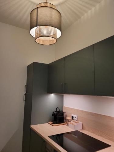 une cuisine avec des armoires vertes et un meuble lumineux dans l'établissement My Beauvoisine, à Rouen