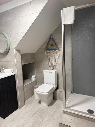 a bathroom with a toilet and a shower at La Di Da Hotel beach town in Bournemouth