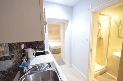 a kitchen with a sink and a bathroom at Amber Residence Hotel-Suites in London