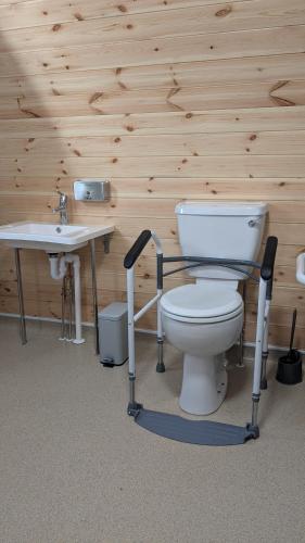 a bathroom with a toilet and a sink at Glengoulandie Glamping in White Bridge