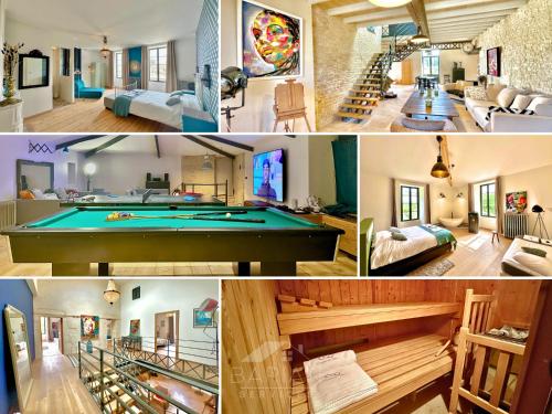 a collage of photos of a house with a pool table at Le Domaine de Stian in Nuaillé-dʼAunis