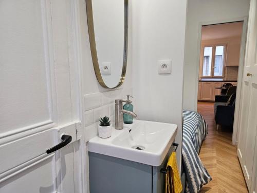 a bathroom with a sink and a mirror at Charme apt a Paris ideal for 3p in Paris