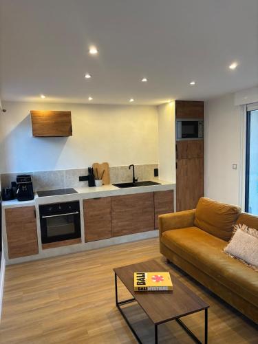 un salon avec un canapé et une cuisine dans l'établissement Sea view apartment with balcony, à Saint-Malo
