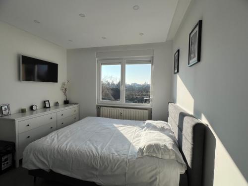 une chambre blanche avec un lit et une fenêtre dans l'établissement Nice Studio 2 pers Near Basel stationnement gratuit, à Saint-Louis