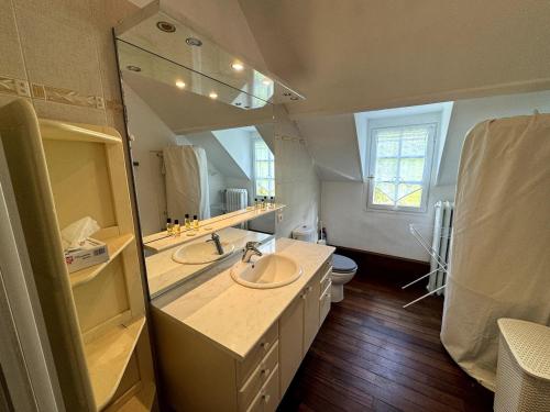 une salle de bain avec un lavabo et un grand miroir dans l'établissement Maison de ville avec ruisseau, Wifi, Tv, Jardin, à Saint-Désir