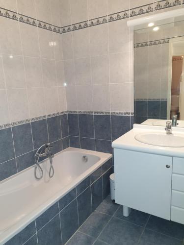 une salle de bain avec une baignoire et un lavabo dans l'établissement Appartement duplex 6 personnes Cannes Grand Parc, à Cannes