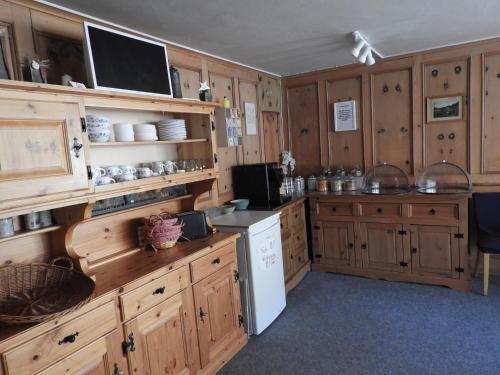 a kitchen with wooden cabinets and a white refrigerator at Pension Hof zur Stilli in Davos