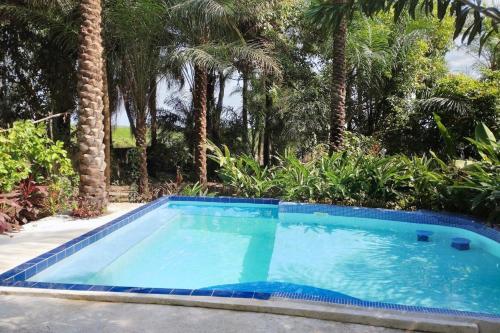 a blue swimming pool with palm trees in the background at Charming house with private pool in Cap Skirring in Cap Skirring