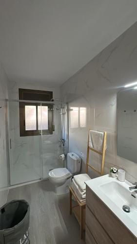 a bathroom with a sink and a toilet and a shower at Villa Ingrid Costa Brava in Vidreres