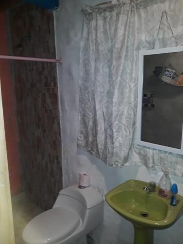 a bathroom with a toilet and a sink and a mirror at Cabaña de Lucas in Loma Bonita