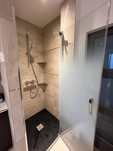 une douche avec une porte vitrée dans une salle de bain dans l'établissement Amzer Zo Loctudy, à Loctudy