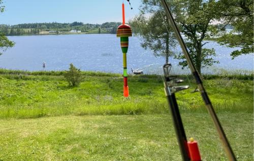 a view of a lake with a bird feeder at Stunning Home In Gislaved With Sauna in Hornbetan