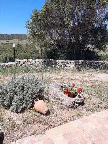 a garden with flowers and a stone wall at Agriturismo I Tre Vitigni appartamento Vermentino in Trinità dʼAgultu