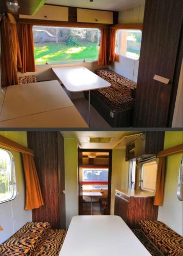 deux photos d'une chambre avec un lit dans un train dans l'établissement CHEZ JOSETTE caravane Camping le sorbier Montignac Lascaux, à Montignac