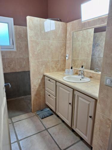 une salle de bain avec un lavabo et une douche dans l'établissement Maison avec piscine 10 personnes, à Chambajour