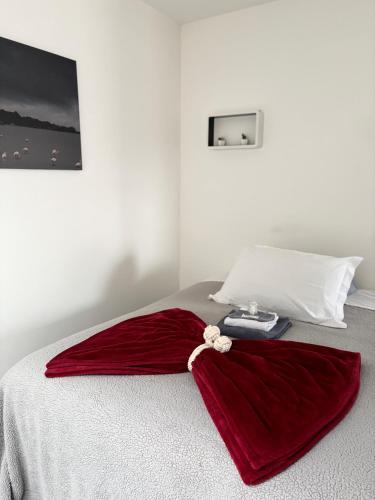 - un lit avec une couverture rouge dans l'établissement Charmant studio pour étudiant seul ou à 2, à Villeneuve-lès-Maguelone