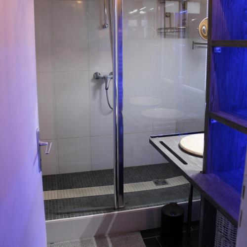 une salle de bain avec douche et lavabo dans l'établissement Les Embruns, à Neuville-lès-Dieppe